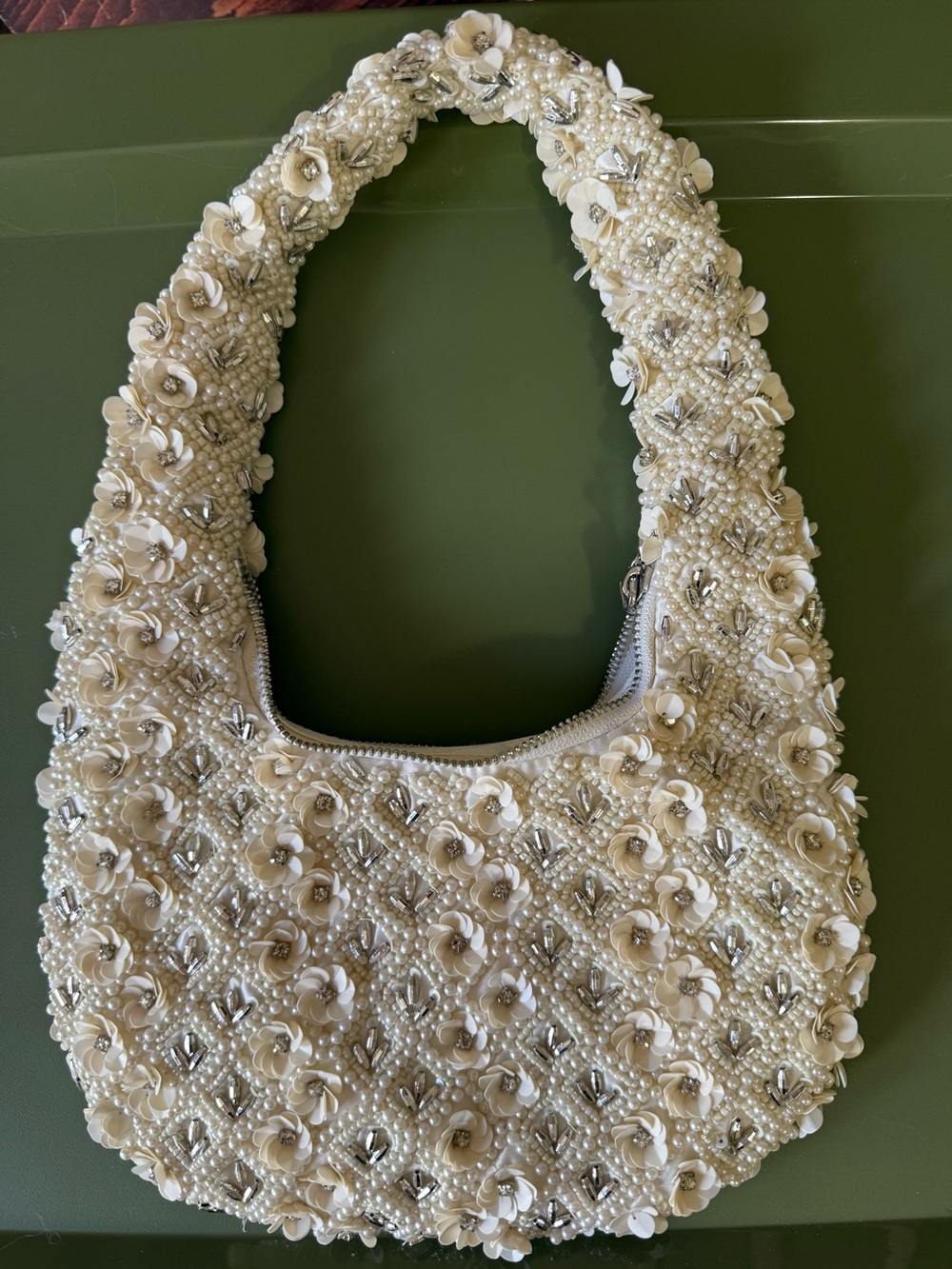 Embellished Cream Floral Beaded Shoulder Bag